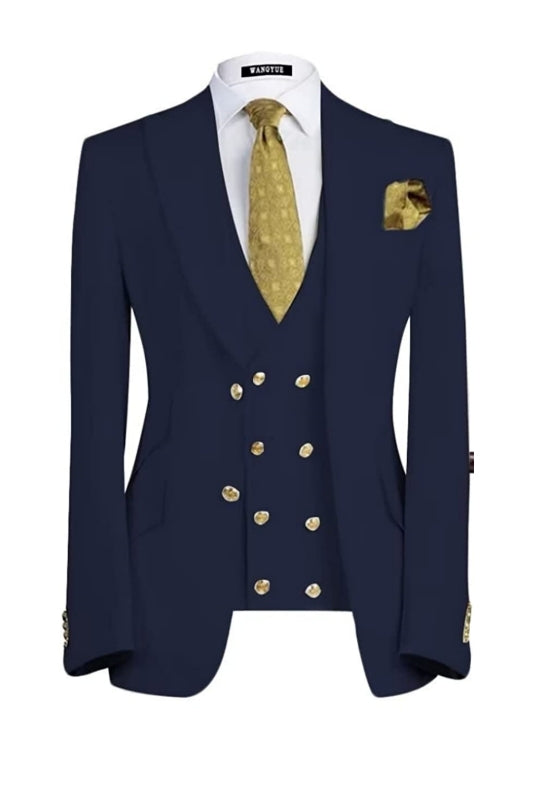 Three Pieces Peaked Lapel Men Navy Blue Wedding Suits