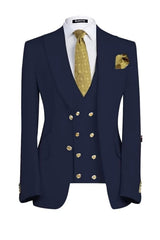 Three Pieces Peaked Lapel Men Navy Blue Wedding Suits