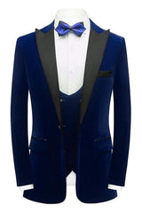 Navy Blue Three Pieces Velvet Men Suits For Prom