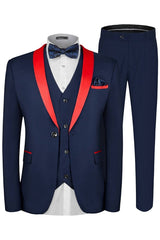 Three Pieces Navy Blue Wedding Suits With Red Shawl Lapel