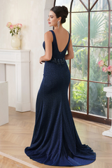 Navy Blue V-neck Sequined Long Prom Dress with Lace Applique-27dress