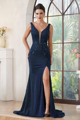 Navy Blue V-neck Sequined Long Prom Dress with Lace Applique-27dress
