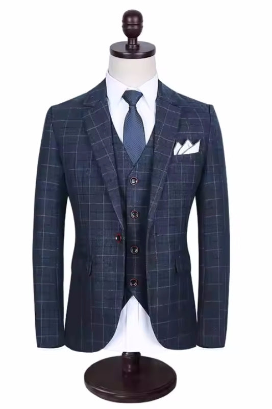 Notched Lapel Three Pieces Plaid Navy Business Suits
