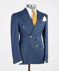 Peaked Lapel Double Breasted Bespoke Men Navy Business Suits