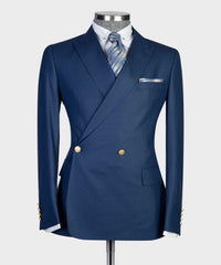 Navy Peaked Lapel Double Breasted Two Pieces Men Suits