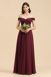 New Arrival A-line Off-the-shoulder Sweetheart Burgundy Long Bridesmaid Dress-27dress