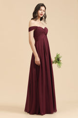 New Arrival A-line Off-the-shoulder Sweetheart Burgundy Long Bridesmaid Dress-27dress