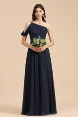 New Arrival Black One Shoulder A-line Long Bridesmaid Dress-27dress