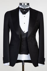 New Arrival Black Three Pieces Men Suits With Satin Peaked Lapel