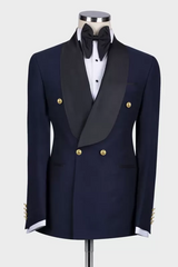 New Arrival Shawl Lapel Double Breasted Dark Navy Wedding Suits