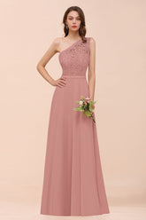 New Arrival Dusty Rose One Shoulder Lace Long Bridesmaid Dress-27dress
