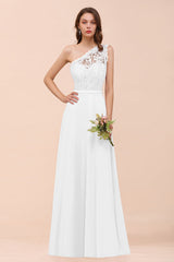 New Arrival Dusty Rose One Shoulder Lace Long Bridesmaid Dress-27dress