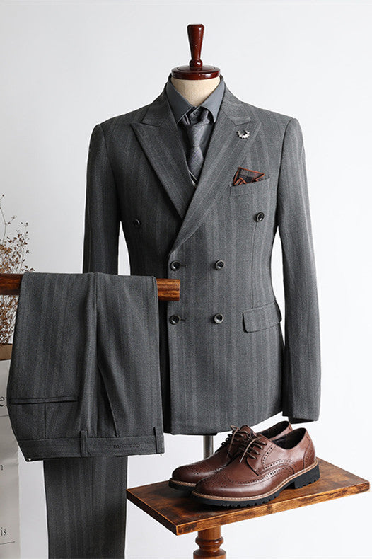New Arrival Gray Stripe Peaked Lapel Double Breasted Business Men Suits
