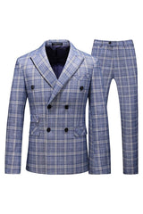 New Arrival Light Double Breasted Plaid Men Blue Prom Suits