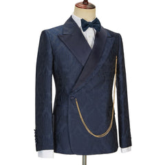 New Arrival Navy Blue Slim Fit Jacquard Peaked Lapel Wedding Men Suits