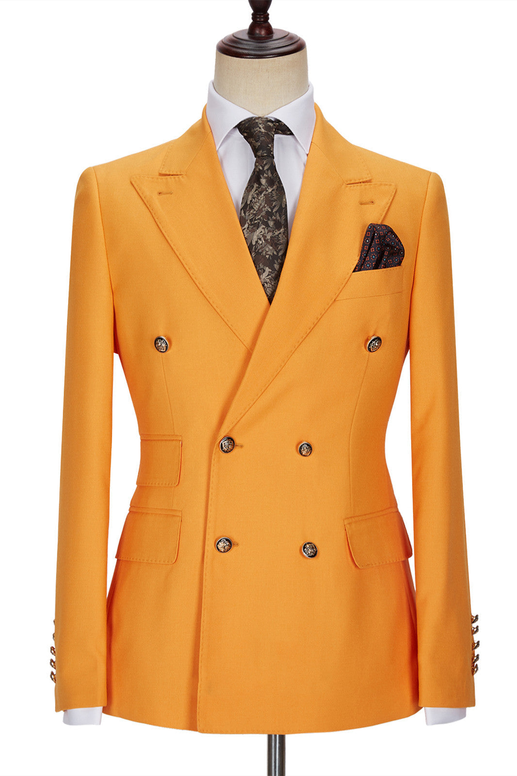 New Arrival Orange Double Breasted Peaked Lapel Men Suits