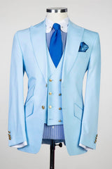 New Arrival Sky Three Pieces Peaked Lapel Slim Fit Men Blue Business Suits