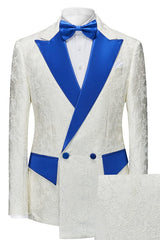 New Arrival Jacquard White Prom Suits With Blue And White Peaked Lapel