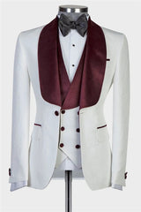 New Arrival Three Pieces White Wedding Suits With Burgundy Shawl Lapel