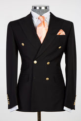 Newest Black Double Breasted Peaked Lapel Men Suits For Business