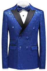Newest Jacquard Double Breasted Three Pieces Blue Prom Suits