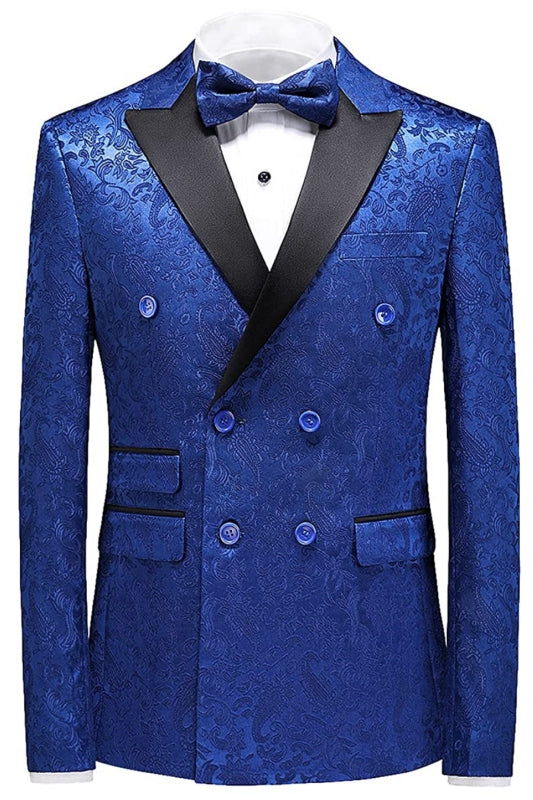 Newest Jacquard Double Breasted Three Pieces Blue Prom Suits