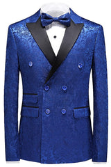 Newest Jacquard Double Breasted Three Pieces Blue Prom Suits