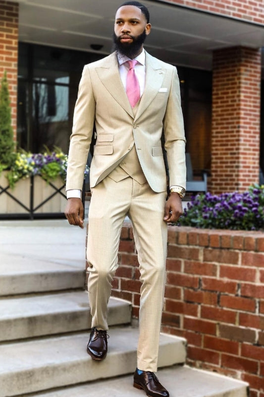 Newest Champagne Peaked Lapel Three Pieces Prom Suits