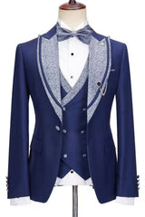 Newest Dark Bespoke Peaked Lapel Three Pieces Blue Wedding Suits