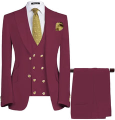 Newest Deep Red Peaked Lapel Three Pieces Men Suits For Prom