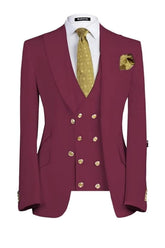 Newest Deep Red Peaked Lapel Three Pieces Men Suits For Prom