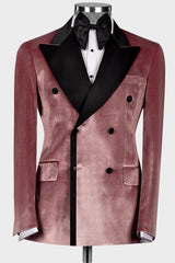 Newest Dusty Peaked Lapel Double Breasted Velvet Pink Prom Suits