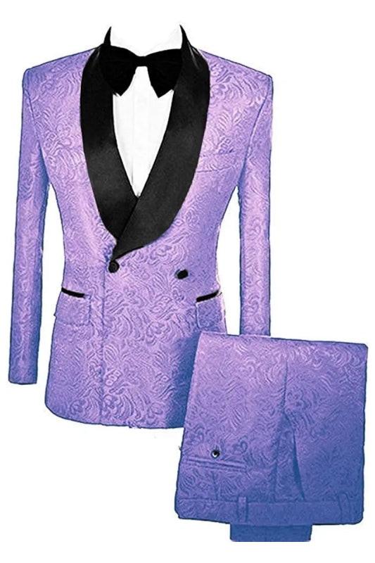 Newest Double Breasted Jacquard Lavender Wedding Suits With Velvet Lapel