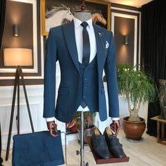 Newest Navy Peak Lapel Three Pieces Men Suits For Business