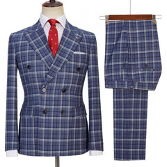 Newest Peaked Lapel Double Breasted Plaid Navy Business Suits