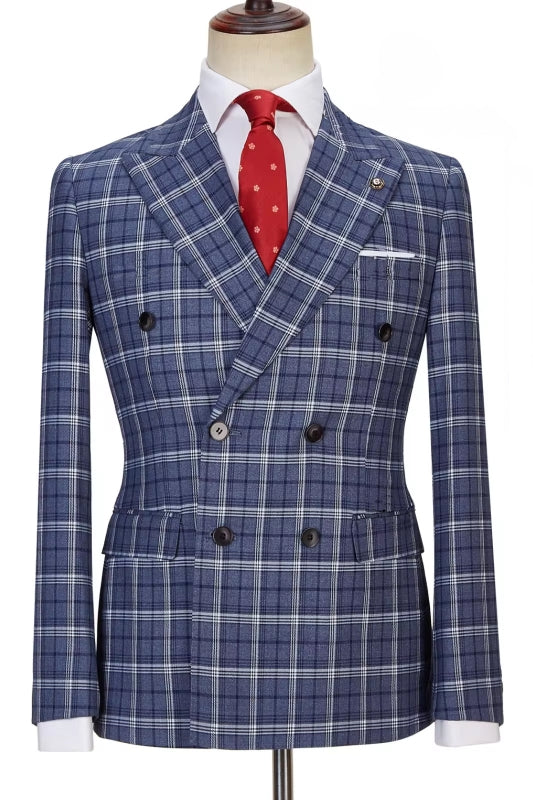 Newest Peaked Lapel Double Breasted Plaid Navy Business Suits