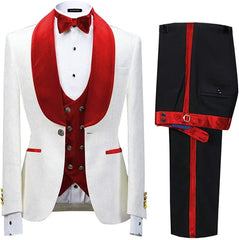 Newest Shawl Lapel Three Pieces Jacquard Red Wedding Suits