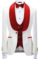 Newest Shawl Lapel Three Pieces Jacquard Red Wedding Suits