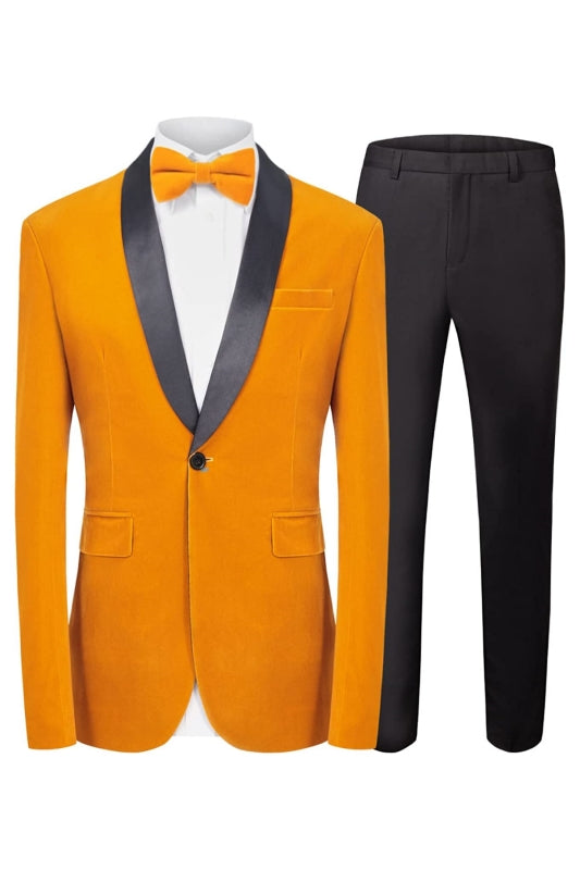 Newest Shawl Lapel Two Pieces Velvet Yellow Prom Suits For Men