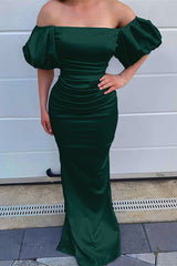 Ocean Blue Off the Shoulder Bubble Sleeves Mermaid Prom Dress With Pleated