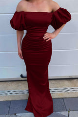 Ocean Blue Off the Shoulder Bubble Sleeves Mermaid Prom Dress With Pleated