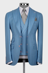 Ocean Blue Striped Peaked Lapel Three Pieces Prom Men Suits