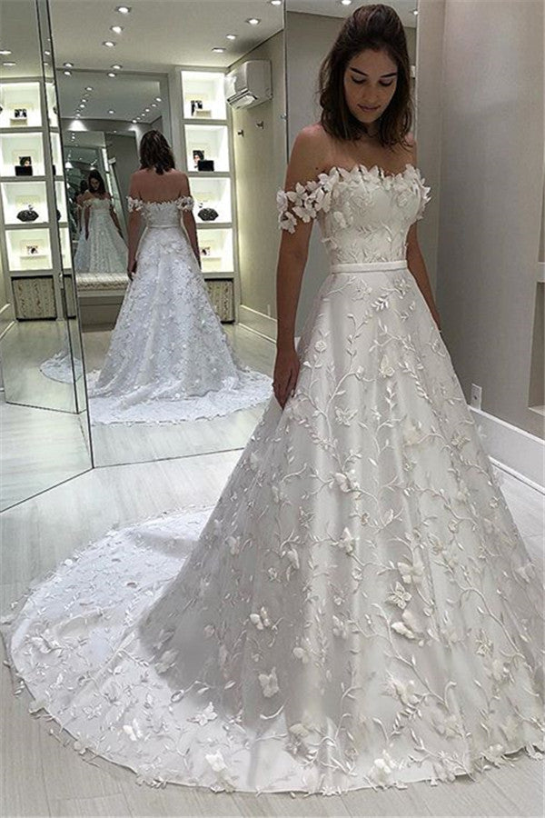 Off-the-Shoulder A-Line Wedding Dress With Appliques-27dress