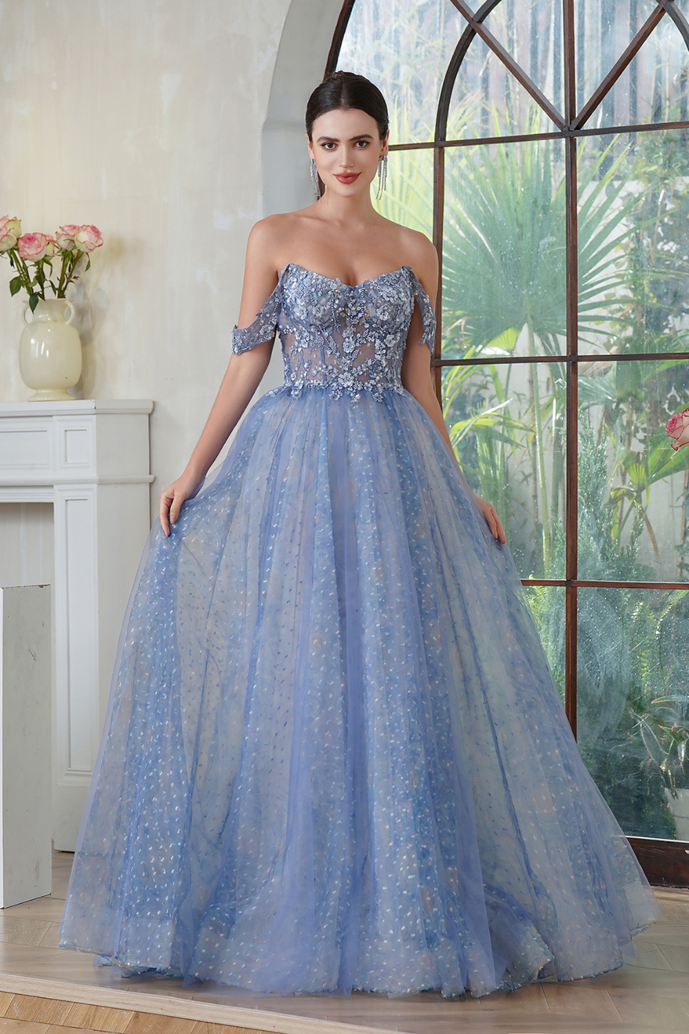 Off-the-shoulder Ball Gown Long Prom Dress with Beading and Lace Applique-27dress