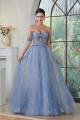 Off-the-shoulder Ball Gown Long Prom Dress with Beading and Lace Applique-27dress