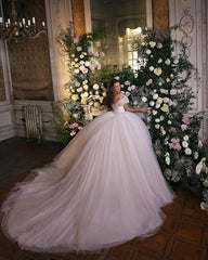 Off-the-Shoulder Ball Gown Tulle Wedding Dress Shinning Sequins-27dress