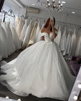 Off-the-Shoulder Ball Gown Tulle Wedding Dress With Appliques-27dress