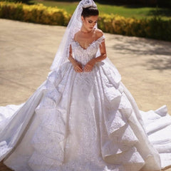 Off-the-Shoulder Ball Gown Wedding Derss With Lace Appliques-27dress