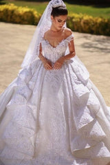 Off-the-Shoulder Ball Gown Wedding Derss With Lace Appliques-27dress