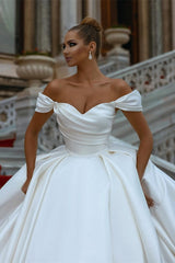 Off-the-Shoulder Ball Gown Wedding Dress Ivory Satin Bridal Wear-27dress